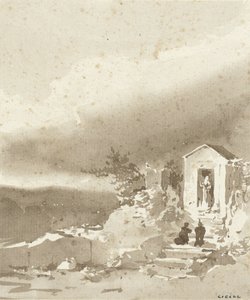 Dos personas arrodilladas en las escaleras frente a una capilla en las montañas de Pierre Luc Charles Ciceri