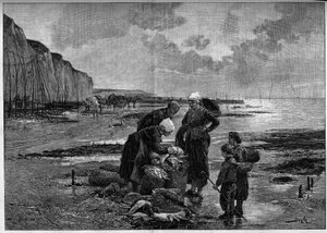 La pesca de Dieppe, marea baja. Grabado después de la pintura de Pierre Beyle (1838-1902) en “The Illustrous World” n°1327 del 2 de septiembre