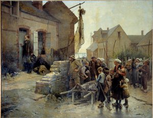 Regreso de la tempestad. Un marinero llama a la puerta de una mujer para darle la noticia de la muerte de un pecador en una tempestad. Siglo XIX, Fecamp, Museo de Terranova de Pierre Marie Beyle