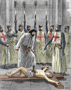 Herejía de los Templarios: representación de una ceremonia de ingreso de un caballero en la orden del templo, siendo el templario, según las confesiones publicadas tras su detención y juicio en 1307, obligado a renegar de Cristo y a pisotear la cruz durant de Pierre Mejanel
