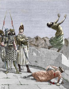 Secta ismailí oriental o asesina fundada por Hassan ibn al-Sabbah (1036-1124), conocido como el viejo de la Montaña", rep ordenando a dos de sus fanáticos seguidores que se suicidaran, Alamut, Persia, hacia 1096" (Nizari Ismailism: representation of Hassan de Pierre Mejanel