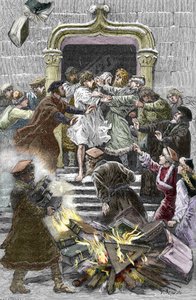 Socinianism and Little Polish Church: the inhabitants of Krakow burn the works of Faustus Socinus (Faust Socin o Fausto Sozzini) (1539-1604) in the public square obliging him to attend the autodafe in 1598 (Socinianismo y Hermanos Polacos: la quema de de Pierre Mejanel