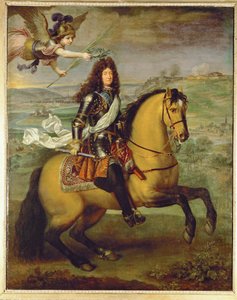 Luis XIV a caballo, coronado por la victoria ... (pintura sobre lienzo) de Pierre Mignard