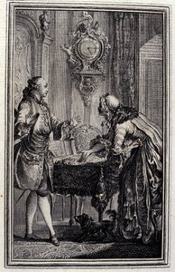 El gascón castigado - en "Cuentos y nuevas en verso" de Jean La Fontaine. 1776. Ilustración de P.P. Choffard de Pierre Philippe Choffard
