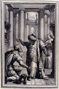 El perrito que sacude dinero y piedras - en Cuentos y nuevas en verso de Jean La Fontaine. 1776. Ilustración de P.P. Choffard