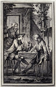 El relojero o el reparador de mejillones. En “Cuentos y nuevas en verso” de Jean de La Fontaine, Ámsterdam 1776. Ilustrado por P.P. Choffard