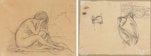Estudio de un desnudo femenino (posiblemente para una pintura alegórica no realizada) (anverso); Estudios de cortinaje y Estudio de un paisaje (verso) de Pierre Puvis de Chavannes