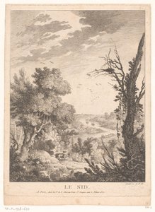 Paisaje con ciervos, conejos y pájaros y un río al fondo Le Nid (título sobre objeto) de Pierre Quentin Chedel