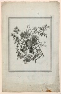Trofeo con instrumentos de jardinería, lámina 2 de "Suite de diferentes atributos, trofeos y grupos de flores," Suite II de Pierre Ranson