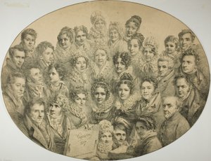 Retratos de 31 personas en un óvalo de Pierre Roch Vigneron