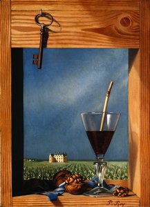Copa de vino frente a un castillo; Verre de vin devant un chateau