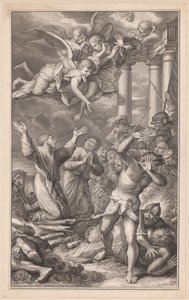 Cosme y Damianus quemados en la hoguera, rodeados de soldados y ángeles. de Pierre Simon (I)