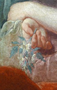 Mano de una joven que sostiene una rama florecida. Detalle del Retrato de Madame Poulhariex y su hija, hacia 1728 (óleo sobre lienzo) de Pierre Subleyras
