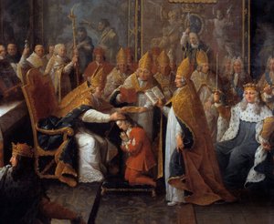 La coronación de Luis XV El rey Luis XV (1710-1774) fue coronado y consagrado el 25/10/1722 en la catedral de Reims por el Arzobispo de Reims en presencia del Regente, el Duque de Orleans (1674-1723) y una gran multitud (detalle)