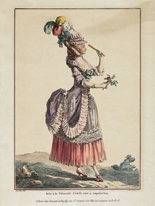 Vestido polaco de tejido liso con coqueluchon - Obra de Pierre Thomas Le Clerc (1739-1796), grabado y acuarela, extraída de Gallerie des modes et costumes francais de Pierre Thomas Le Clerc