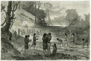 Juegos de jabalina entre 2 tribus de Zaparros, los hombres practican y las mujeres rodean a los jugadores sin miedo y les sirven bebidas. Ilustración de la historia “Amazonas y Cordilleras”