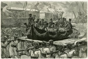 La procesión del Cirio en la víspera de Todos los Santos, religiosa y popular, la imagen de la Virgen es transportada por toda la ciudad en la canoa de un barco que desapareció en 1793, cuyos sobrevivientes ofrecieron exvoto a la Virgen Milagrosa. Grabado  de Pierre Vignal