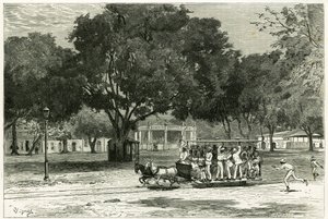 Tranvía, tirado por caballos, en el puerto de Pará (Brasil), en el largo de Nazaret. Grabado por Vignal, para ilustrar la historia “Amazonas y Cordilleras”