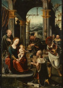 La Adoración de los Reyes (óleo sobre panel) de Pieter (attr. to) Coecke van Aelst