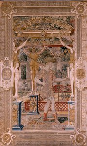 Tapiz flamenco. Serie Vertumnus y Pomona.Vertumnus transformado en granjero. Segundo tapiz de la serie. Parte izquierda la transformación de Daphne. Círculo Modelo de Pieter Coecke van Aelst. Fabricación Wilhelm Pannemaker, Bruselas. Ca 1545-1550. Fabrica de Pieter (circle of) Coecke van Aelst