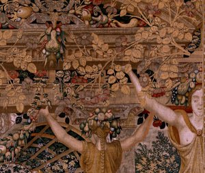 Tapiz flamenco. Serie Vertumnus y Pomona.Vertumnus transformado en granjero. Segundo tapiz de la serie. Parte derecha la transformación de la ninfa Myrrha. Círculo Modelo de Pieter Coecke van Aelst. Fabricación Wilhelm Pannemaker, Bruselas. Ca. 1545- de Pieter (circle of) Coecke van Aelst
