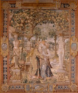 Tapiz flamenco. Serie Vertumnus y Pomona. Vertumnus besa a Pomona. Séptimo tapiz de la serie. Círculo Modelo de Pieter Coecke van Aelst. Fabricación Wilhelm Pannemaker, Bruselas. Ca 1545-1550. Tela Oro, plata, seda y lana. Tamaño 430 x 365 cm. de Pieter (circle of) Coecke van Aelst