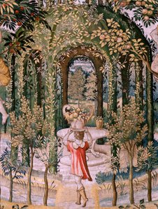 Tapiz flamenco. Serie Vertumnus y Pomona; Vertumnus transformado en jardinero (Vertumno transformado en jardinero). Quinto tapiz de la serie. Círculo Modelo de Pieter Coecke Van Aelst y Léonard Thiry. Fabricación Taller desconocido, Bruselas, antes