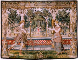 Tapiz flamenco. Serie Vertumnus y Pomona; Vertumnus transformado en jardinero (Vertumno transformado en jardinero). Quinto tapiz de la serie. Círculo Modelo de Pieter Coecke Van Aelst y Léonard Thiry. Fabricación Taller desconocido, Bruselas, antes