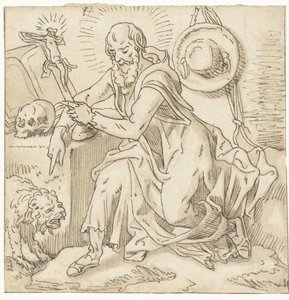San Jerónimo sentado junto a un crucifijo, un libro y una calavera de Pieter Aertsen (workshop of)