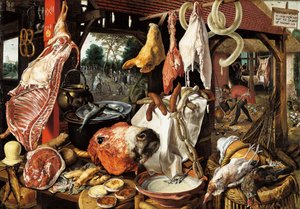 El puesto del carnicero con la Huida a Egipto de Pieter Aertsen