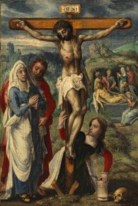 Cristo en la cruz, con el entierro en el fondo, c.1530 de Pieter Aertsen