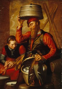 El Vendedor de Aves (Vendedor de Aves). Una pareja de campesinos ataviados con el traje tradicional, preparan sus cestas de huevos y sus mercancías para el mercado. Pintura de Pieter Aertsen (1508-1575), óleo sobre madera