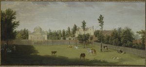 Vista de la nueva villa, casa antigua y establos desde Burlington Lane, Chiswick Villa