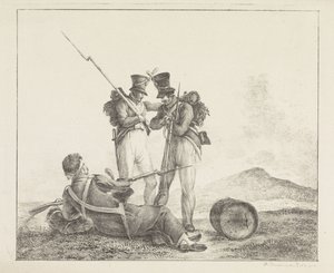 Tres soldados en el campo de batalla. de Pieter Bartholomeusz. Barbiers