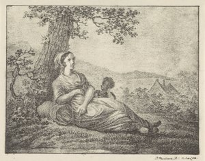 Descansando mujer por árbol