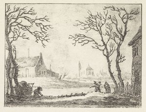 Paisaje invernal con casas y figuras de Pieter Bartholomeusz. Barbiers