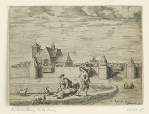 Tobías y el ángel; al fondo la Iglesia Vieja de Middelburg
Paisajes con escenas bíblicas (título de la serie) de Pieter Bast