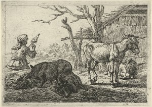 Mujer hilando, cerdos y burros Diferentes animales (título de la serie) de Pieter Bodding van Laer
