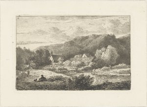 Paisaje montañoso con iglesia y casas. Paisajes acuáticos (título de la serie) de Pieter Casper Christ