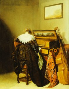 Una dama sentada vista desde atrás frente a un virginal de Pieter Codde