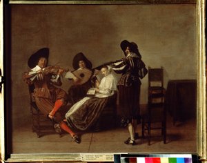 ""Soiree musicale"" (velada musical) Tres músicos y una mujer joven (voz). Pintura de Pieter Codde (1599-1678) Museo Pushkin del siglo XVII, Moscú de Pieter Codde