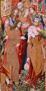 Tapiz flamenco. Serie Episodios de La vida de la Virgen. Las profecías se cumplen en el nacimiento de Cristo (Cumplimiento de las profecías en el nacimiento del Hijo de Dios). Primer tapiz de la serie. Modelos atribuidos a Jan von Roome (o van B de Pieter Coecke van Aelst