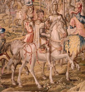 Tapiz flamenco. Serie La Conquista de Túnez; Reseña de las Tropas en Barcelona (La revista de las tropas en Barcelona). Segundo tapiz de la serie. Modelo Jan Vermeyen y Pieter Coecke van Aelst. 1543-1548. Fabricación Real Fábrica de Tapices de Sant