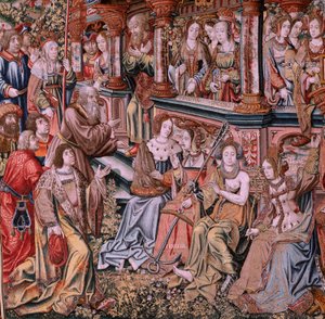 Tapiz flamenco. Serie Los Honores. Virtud (La Virtu, El Vicio). Octavo tapiz de la serie. Dibujantes modelo del círculo de Bernard van Orley y Jan Gossaert (Mabuse). Fabricación Pieter van Aelst, Bruselas. Ca 1550. Tela Oro, plata, seda un
