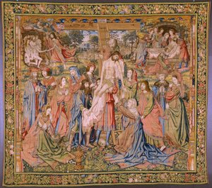 Tapiz flamenco. Serie La pasión de Cristo: Descendimiento de la cruz (Kruisafneming, Descendimiento de la cruz). Fabricación Pieter van Aelst. El dibujante Jan van Roome. Ca 1507-1520. de Pieter Coecke van Aelst