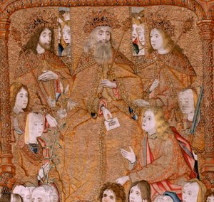 Flemish tapestry. Series Triumphs of the Mother or Paños de Oro. God send the Arcangel Gabriel (Dios envía al Arcángel Gabriel). First tapestry in the series. Model Colin de Cooter(?). Manufacture Pieter van Aelst (or van Edingen), Brussels. Ca 1500-1502. de Pieter Coecke van Aelst