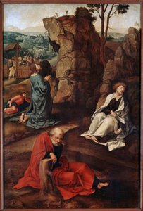 ""Oración en el Huerto de los Olivos"" (Agonía en el Huerto) Después de la última cena, Cristo va con los apóstoles al monte de Getsemaní que domina Jerusalén. Los soldados romanos ayudantes de Judas se acercan para arrestarlo. Pintura de Pieter Coe