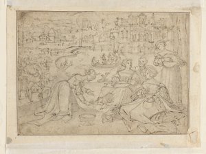 El Mes de Abril (Figuras en un parque cerca de un castillo); (detalle) La Juventud de Las Tres Edades del Hombre de Pieter Coecke van Aelst