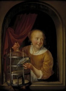 Niña con un loro de Pieter Cornelisz. van Slingelandt
