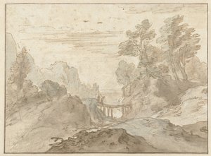 Paisaje de montaña con dos figuras en un puente estrecho